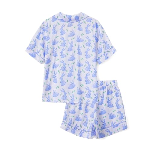Image of Women Easter Pajamas Set Cute Bunny Button Down Shirt and Shorts 2 Piece Pj Set Y2K Easter Outfits