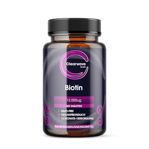 Biotin - 12.000 mcg Hochdosiert - 400 Biotin Tabletten (Vorrat für 13 Monate) - Vegan –Haarwachstumsergänzung - Hergestellt von Clearwave Health Biotin - 12.000 mcg Hochdosiert - 400 Biotin Tabletten (Vorrat für 13 Monate) - Vegan –Haarwachstumsergänzung - Hergestellt von Clearwave Health