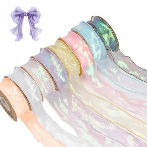 lioewhu 8 Rollos Cinta de Organza de 4 cm x 9 m, Cinta Transparente Brillante, Cinta Organza Decorativa, Brillante Cintas Decorativas Tela para Envolver Regalos, Ramos, Lazos, Manualidades