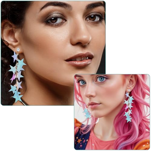 Star Earrings Dangle, Iridescent Earrings for Women Accessory Neon Long Tassel Dangle Earrings Dazzling Gold Star Sparkly Earring Long Dangle Summer Jewelry Graduation Wedding Birthday Gift4