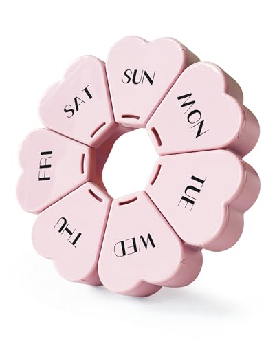 FHORAIN Weekly Pill Organiser Cute 7 Day Large Compartments Portable Tablet Box Round Vitamin and Supplement Case (Pink)