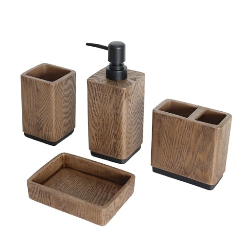 Hymmah Bathroom Accessories Set,Toothbrush Holder,Farmhouse Bathroom Decor,3 Pcs Resin Gift Set Apartment Necessities, Contain Toothbrush Cup,Soap Dispenser,Tumbler (Wood Brown) by Hymmah - Image 2