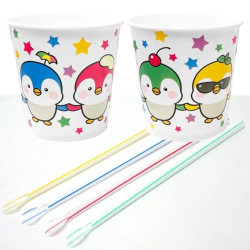 かき氷カップ 25個 & スプーンストロー25本 セット 紙コップ 紙カップ 紙容器 (おかめスターペンギンセット)