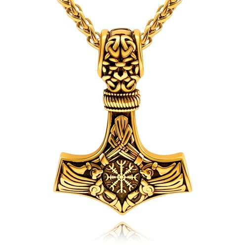 Thor Hammer Necklace for Men, 18K Gold/Black Stainless Steel Hammer Mjolnir Pendant Powerful Amulet Noridc Jewelry Gift for Viking Lover-Send Gift Box