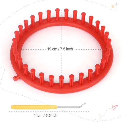 Image of Katech Round Knitting Looms Set 19 cm Diameter Red Plastic Weaving Looms Scarf Hats Making Tools DIY Crocheting Handmade Craft Kit with a Crochet Hook and Needle for Knitting Lovers (Red)