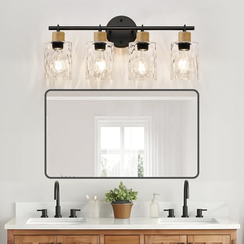 Image of MOKATNG Bathroom Light Fixtures, 4-Light Coastal Vanity Lights with Crystal Glass Shade, Black Bathroom Wall Lamp for Mirror Kitchen Hallway Cabinet