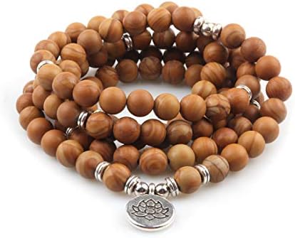 GVUSMIL 8mm 108 Mala Beads Wrap Bracelet Necklace for Yoga Charm Bracelet Natural Gemstone Jewelry for Women Men (Wood with Lotus)