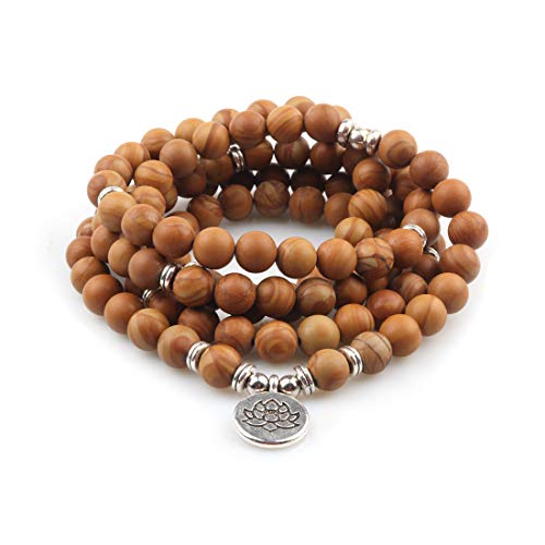 Gvusmil 8Mm 108 Mala Beads Wrap Bracelet Necklace For Yoga Charm Bracelet Natural Gemstone Jewelry For Women Men (Wood With Lotus) #TOP9