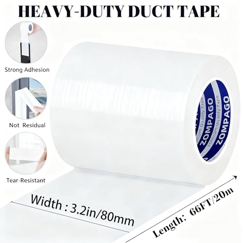 Image of ZOMPAGO Duct Tape Heavy Duty Waterproof, White 3.2 inch x 66FT, Tear by Hand, No Residue, Strong Adhesive, All-Weather for Indoor Outdoor Repair, Pipe Leak, RV, Roof, Camping