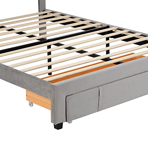 Miyzeal Storage Queen Bed With Headboard, Velvet Upholstered Platform Bed Queen Size, Big Drawer Comfortable Sleep Bed Frame With Wood Slat & Center Support Feet, No Box Spring Needed (Gray) #TOP5