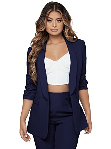 SweatyRocks Women's 2 Piece Solid Ruched Sleeve Blazer and Pants Business Office Suit Set3