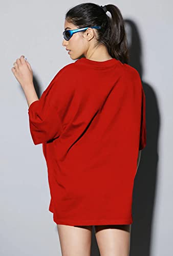 LEOTUDE Women's Cottonblend Half Sleeve Oversized Drop Shoulder T-Shirt (Color Red)
