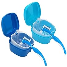 Denture Cleaner Box and Brush Set - 2 Pack Denture Bath Case with Basket + 2 Pack Denture Brushes, Portable Denture Retainer Storage Box, False Teeth Brushes for Oral Care