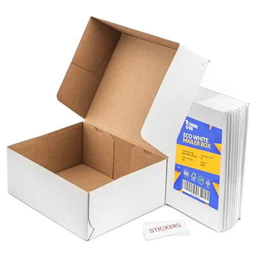 Packaging Hero 25 x 20 X 10 cm (aprox. 10 x 8 x 4) White Corrugated Cardboard Mailing Boxes, gift boxes, e-commerce box with free clear round stickers (10 pack)