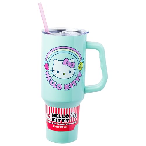 Image of Silver Buffalo Sanrio Hello Kitty Kawaii Strawberry, Pineapple, and Rainbows Stainless Steel Tumbler with Handle and Straw, Fits in Standard Cup Holder, 40 Ounces (Pack of 12)