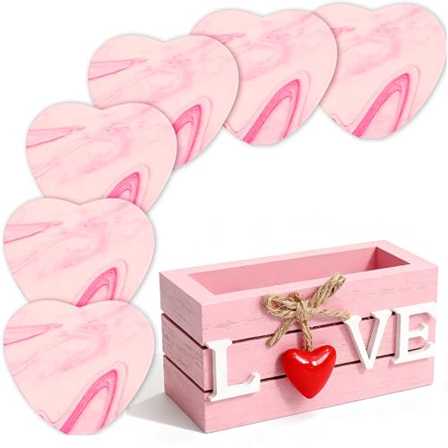 Heart Wooden Cup Coasters Set of 6 Cute Pink Drink Coaster with Holder for Home Table Office Desk Birthday Gift Ideas for Wife and Girlfriends Kawaii Pink Living Room Decor for Daughter