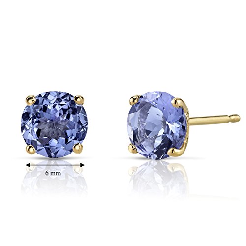 Peora Tanzanite Stud Earrings For Women In 14 Karat Yellow Gold, Classic Solitaire Round Shape, 6Mm, 1.5 Carats Total, Friction Back #TOP4