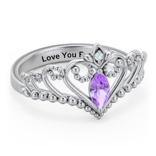 Birthstone Ring 925 Sterling Silver Crown Rings Personalized Heart Tiara Ring Customized Promise Ring for Her Anniversary Birthday Jewelry Gifts for Lover Mom Girlfriend