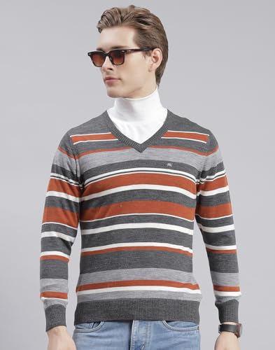 Image of Monte Carlo Royal Blue Striped V Neck Pullover | Warm Woolen Pullover for Men | Soft Comfortable Knitted Winter Wear Sweater for Men's