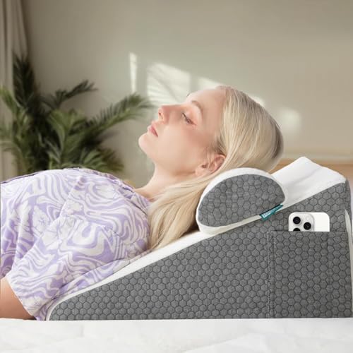 TEXSTEAD Bed Wedge Pillow Memory Foam for Sleeping Triangle Discreet Wedge Pillow Acid Reflux Relief Anti-snoring (Dark Gray)