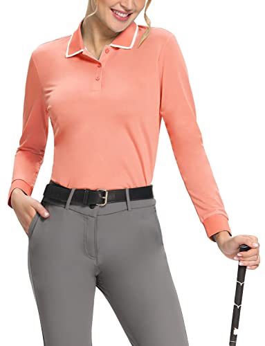 Hiverlay Polo Shirts for Women Golf Shirts Dry Fit UPF 50+ Long Sleeve Shirts Lightweight Moisture Wicking Collared Tennis Shirts Ladies Tops Coral m