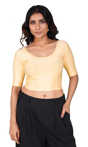 Image of Fressia Fabrics Pure Cotton 4-Way Stretch Readymade Blouse for Women | Free Size to 4XL Stretchable Round Neck Dobby Cotton Half Sleeve Readymade Saree Blouse for Women Stylish