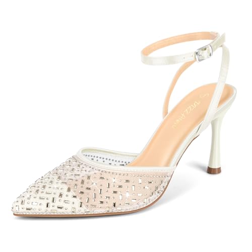 PIZZ ANNU Escarpins Femme à Talon Aiguille Confortable Chaussure de Danse Bout Pointu Lanière Cheville Haut Sexy Heel Dance Shoes Blanc EU 41