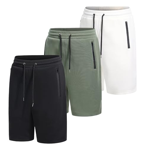 WHITE PEAK TRADING COMPANY Men's Cotton Casual Shorts 3 Pk Fleece Midweight Athletic Jogger Sweat Shorts with Zipper Pockets, Set5, Large