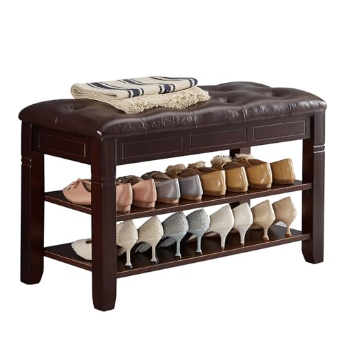 ZIRKOOON Shoe Storage Bench, Entryway Shoe Rack with Fiberleather Seat 2-Tier Lift Top Organizer Wooden Shoe Bench for Entryway Hallway Living Room (Dark Brown 31.5x13.8x18.9'')