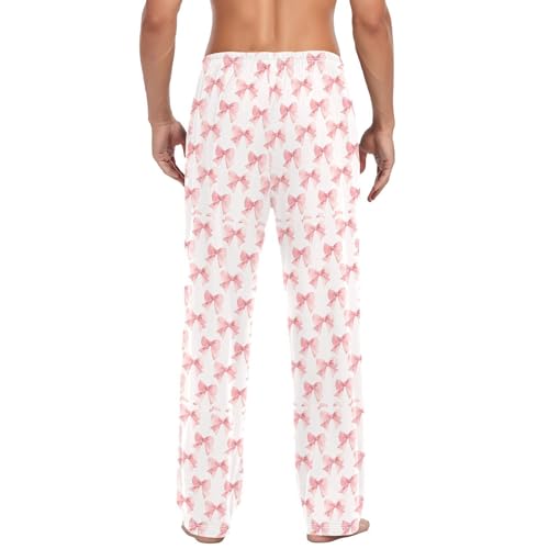 Men's Pink Bow Pajama Pants with Pockets - Straight Fit Cotton Sleep Bottoms for Lounge & Nightwear#7653