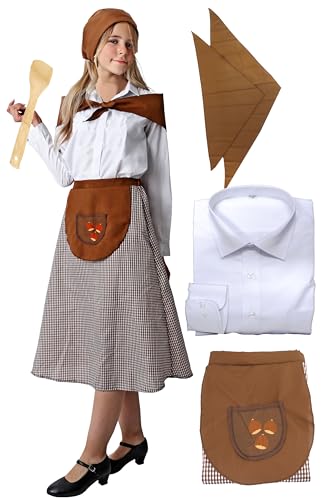 Gojoy shop-Disfraces de Castañera para Niñas Adultas para Fiesta de la Castañera Carnaval(Contiene:Camisa,Falda con Delantal,2 Pañuelos,Pala de Mardera y Mochila de Cuerdas.) (9-10 años)