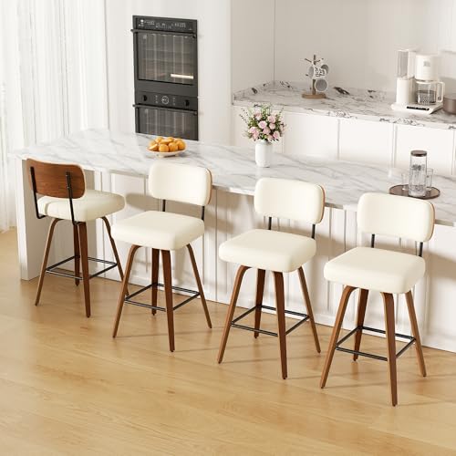 Image of Swivel Bar Stools Set of 4, 26 inch Faux Leather Upholstered Counter Height Barstools with Back & Bentwood Legs, Mid Century Modern Bar Chairs Island Stools for Kitchen Counter, Cream White