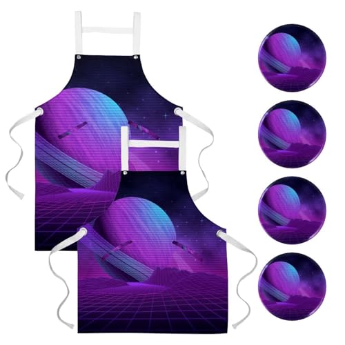 Lot de 2 tabliers de cuisine avec motifs planètes et montagne multicolore