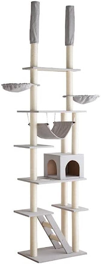 キャットタワー 突っ張り 突っ張り式 グレー 全面麻紐爪とぎ付き
