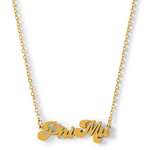 Sorority Shop Phi Mu Necklace — Retro Font Design with 18K Gold Plating, Phi Mu Gifts for Women