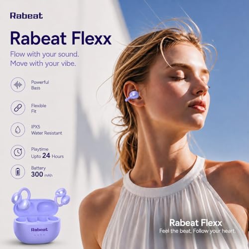 Image of Rabeat Flexx Air Buds OWS Earbuds with Clip-On Fit, Air Conduction Tech, 50HRS Battery, 4Mics ENx, Dual EQ Modes, 10mm Drivers, 40ms Latency, Bluetooth Wireless Earphones, Cool Purple