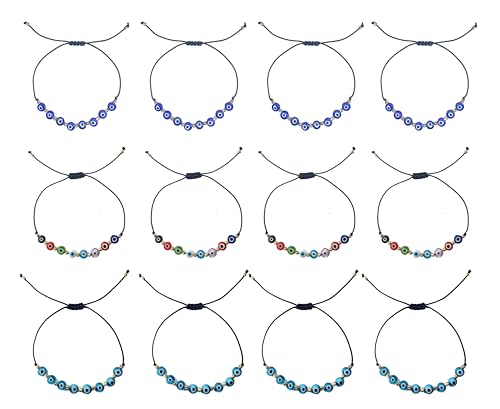 MYSTIC JEWELS   Pulsera Ojo Turco Ajustable – Pack 12 Pulseras de Hilo con Ojos Turcos de Cristal   Pulsera de Protección Unisex – Ajustable 13–21 cm (Surtido (12 piezas))