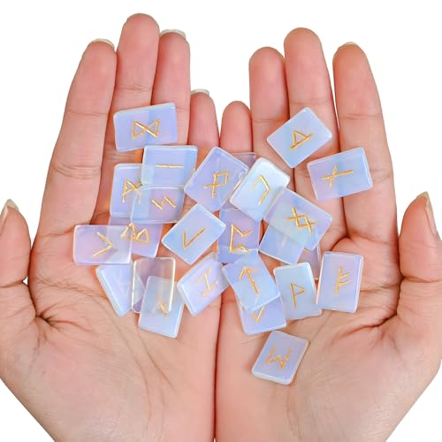 Crocon Opalite Gemstone Rune Stones Set with Elder Futhark Alphabet Engraved Symbol for Chakra Balancing Runes with Pouch & Rune Symbol brochure Size :- 20-25 mm App.