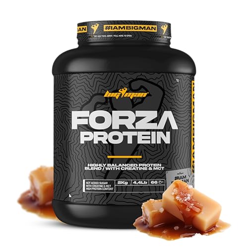 BigMan | Forza Protein 2kg | Proteína 80% | Aislado proteína Soja + Concentrado proteína Whey | Creatina | Alto Contenido en Proteínas y Recuperador (2,1Kg, Caramelo salado)