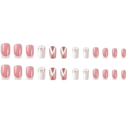 Miniatura 4 de Uñas postizas a presión de punta francesa, uñas postizas cuadradas cortas, uñas postizas de punta blanca con diseños de lujo rosa brillante,