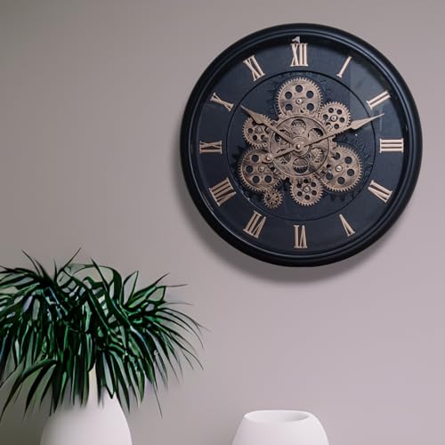 Image of MARSMADE Analog 38X 38 cm Black Moving Gear Wall Clock Wall Clock, Clocks with Roman Numerals for Living Room Office (Black with Glass, Standard)