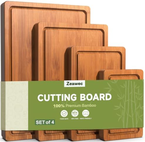 Zeawec 4-Piece Set Deep-Carbonized Bamboo Cutting Board for Kitchen - Crack-Resistant Wood Chopping Boards with Deep Juice Grooves, Pre-Oiled Butcher Block for Meat, Vegetables & Cheese, Carbonized