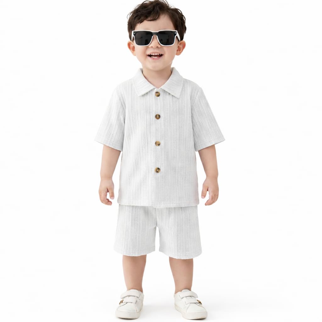 Baby Boy Casual Set SkyBlue Cotton Blend Half Sleeve Shirt and Shorts – Stylish Summer Wear for Kids (Solid/Ribbed Texture) (White, 2-3 Years)