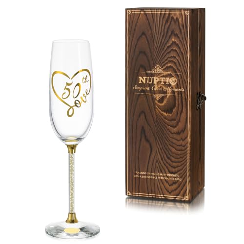 Nuptio Bicchieri Champagne 50 Anni: Prosecco Flute Compleanno Regalo Dorati con Legno Scatola Regali Idee per Donna Personalizzati Cristallo Vetro 7.04oz