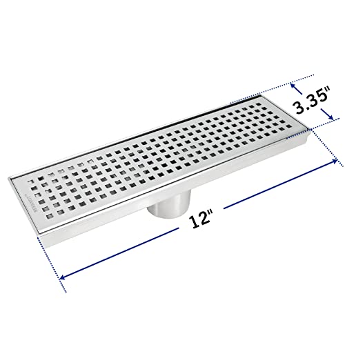 Linear Shower Drain 12", 304 Stainless Steel Floor Drain with Grid Drain Cover & Hair Strainer, Rectangular Shower Drain w/CUPC Certified, Brushed - Image 3
