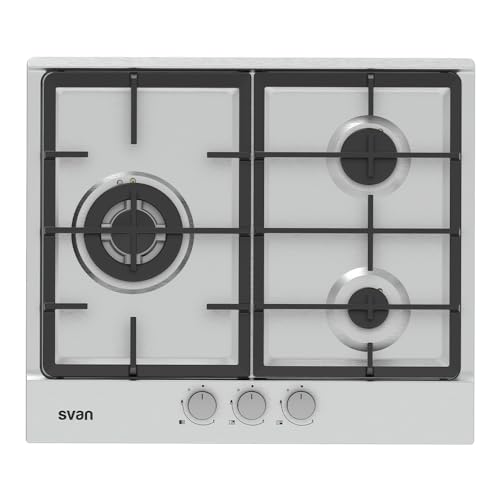 Svan Encimera de Gas Inox SGW3600X. Potencia máx. 6750 kW, 3 Quemadores, Quemador WOK triple llama, con Ignición Automática, Parrillas Forjadas, Incluye Kit de Conversión Gas Natural