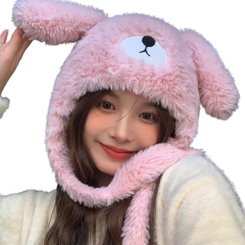 Plush Cartoon Bear Hat for Winter Lovely Long Ears Warm Ear Protective Hat for Teens Adult Outdoor Sport Activity Hat