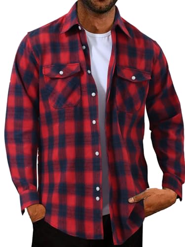 Halfword Checked Shirts Men Plaid Flannel Casual Shirts Cotton Button Down Long-Sleeve Loose-Fit Collared Autumn Winter Red Navy L