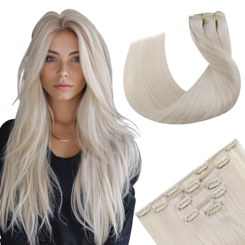 Hetto Clip in Hair Extensions Real Human Hair Platinum Blonde, Hair Extensions Clip in Human Hair Invisible