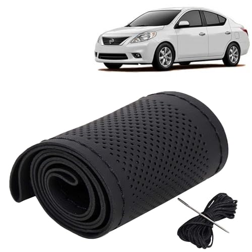 Image of KINGSWAY PU Leatherite Car Steering Cover Sewable Compatible with Nissan Sunny (Year 2011-2014), Black Color with Black Thread, Pack of 1 with Sewing Needle and Thread